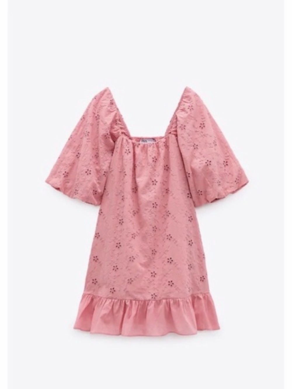 Zara Pink Eyelet Square-Neck Mini Dress with Ruffle Hem